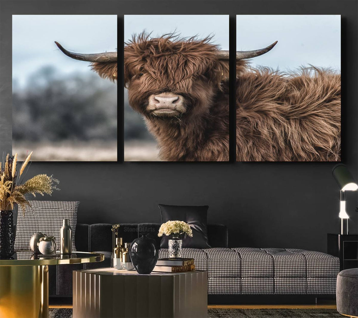 Fluffy Highland Cow Photograph Wall Art Canvas, Black And