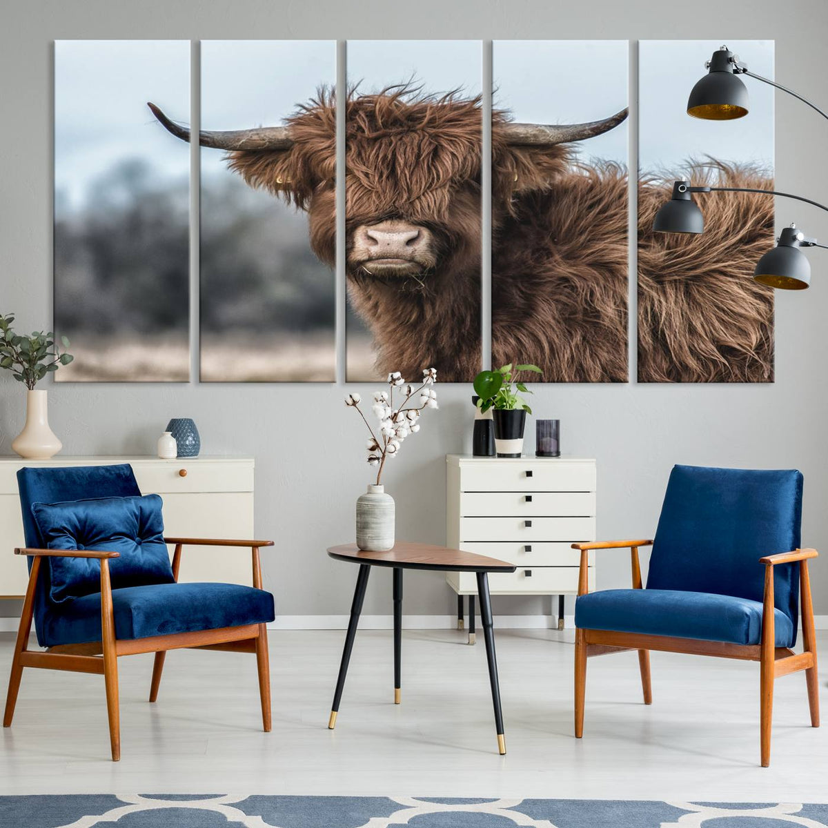 Fluffy Highland Cow Photograph Wall Art Canvas, Black And