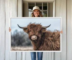 Fluffy Highland Cow Photograph Wall Art Canvas, Black And