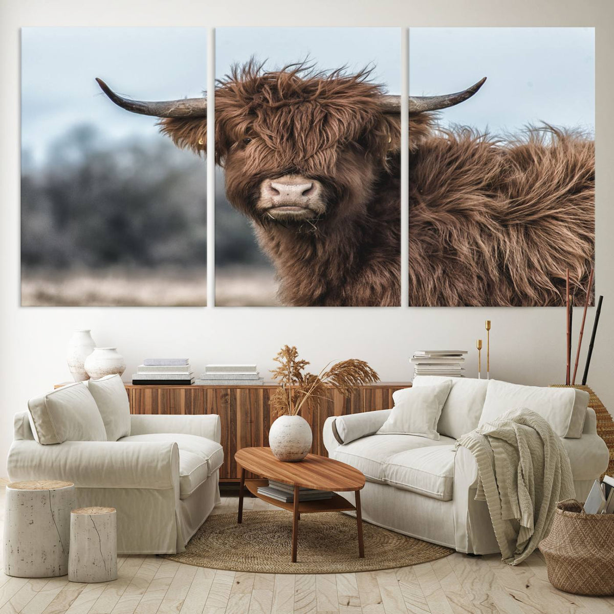 Fluffy Highland Cow Photograph Wall Art Canvas, Black And