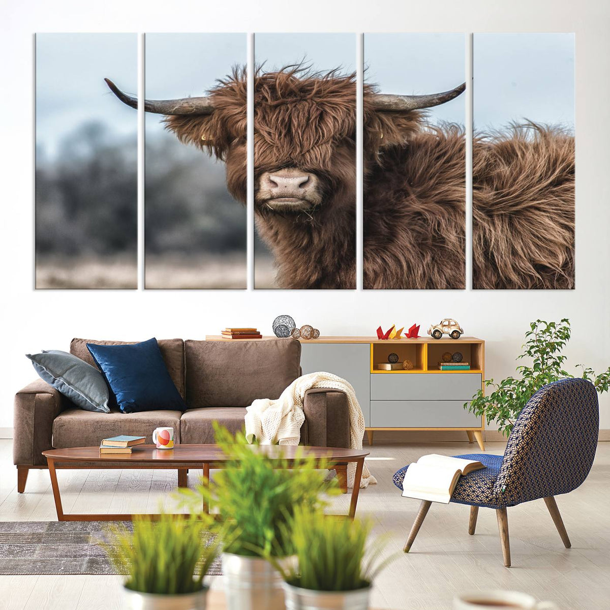 Fluffy Highland Cow Photograph Wall Art Canvas, Black And
