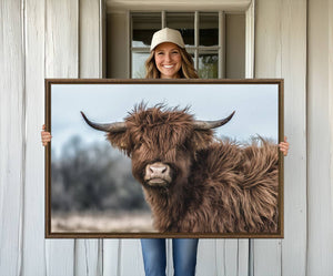 Fluffy Highland Cow Photograph Wall Art Canvas, Black And