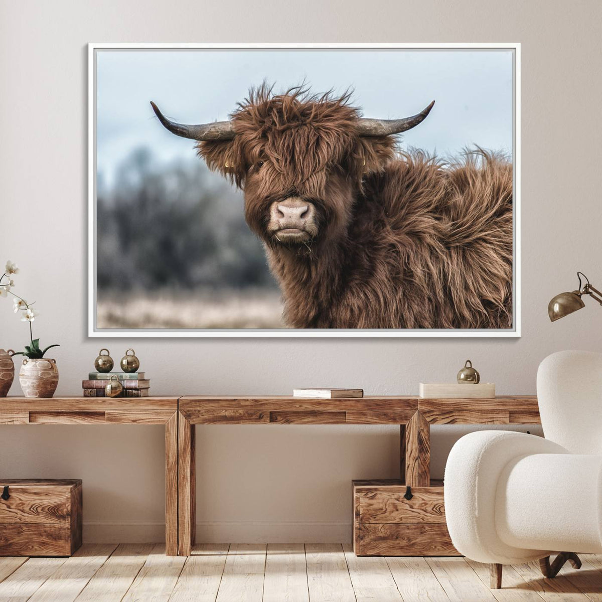 Fluffy Highland Cow Photograph Wall Art Canvas, Black And