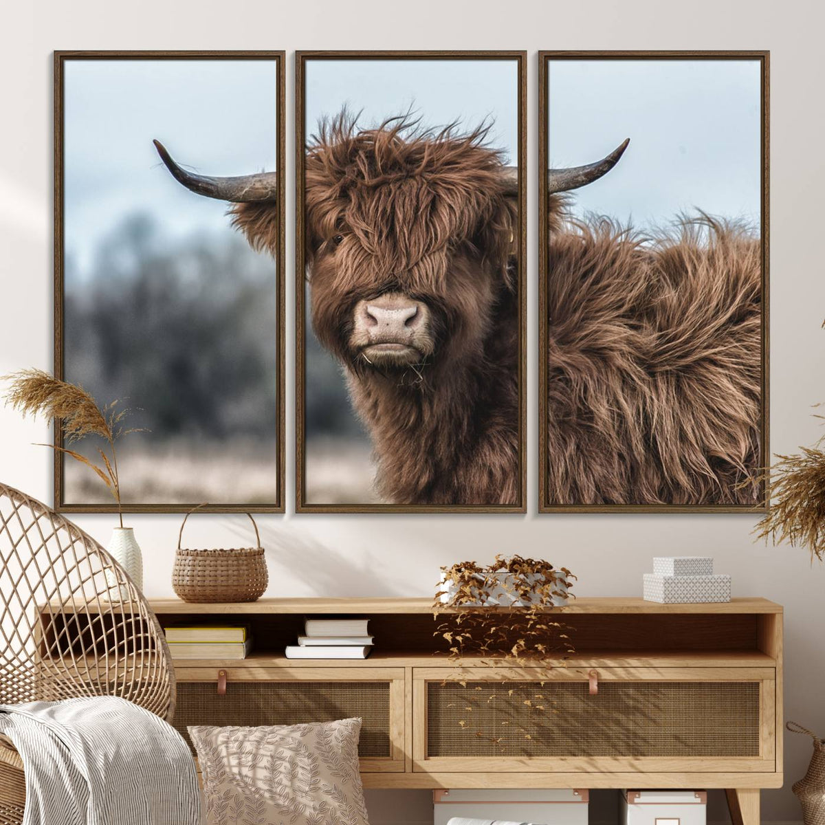 Fluffy Highland Cow Photograph Wall Art Canvas, Black And