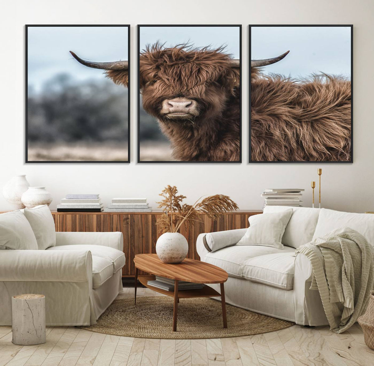 Fluffy Highland Cow Photograph Wall Art Canvas, Black And