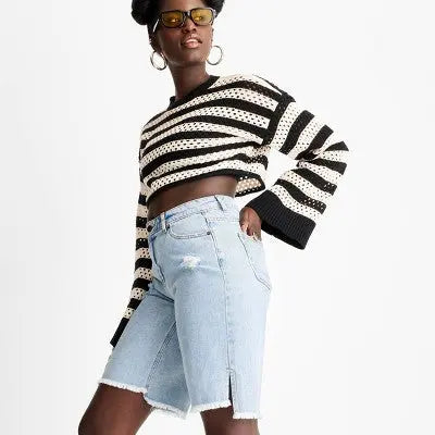 Future Collective High-Rise Bermuda Jeans Denim Shorts Frayed, Light Blue, 0