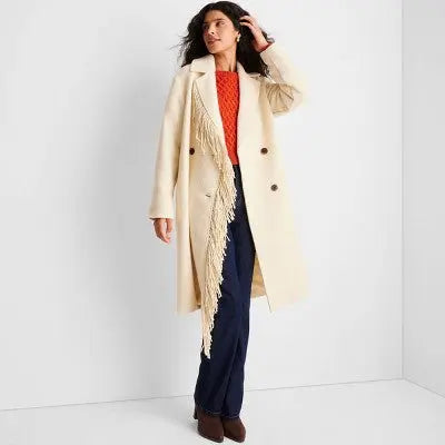 Future Collective Reese Women's Plus Winter Wool Fringe Button-Up Coat Jacket
