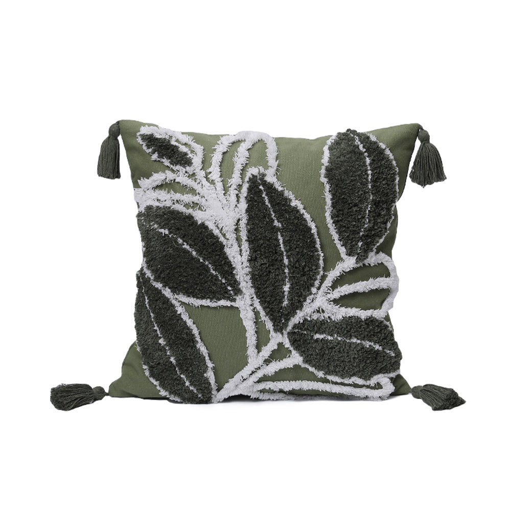 Tufted Leaf Decorative Throw Pillow with Tassels – Textured Cotton Cushion (With 450g Inserts) 18''x18'' set of 2