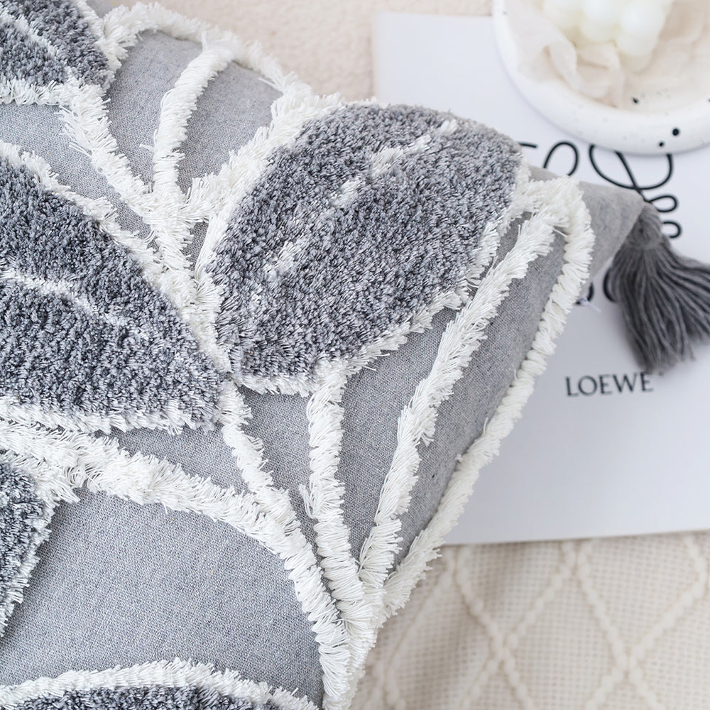 Tufted Leaf Decorative Throw Pillow with Tassels – Textured Cotton Cushion (With 450g Inserts) 18''x18'' set of 2