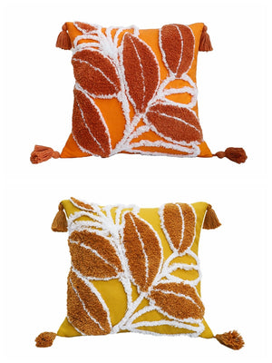 Tufted Leaf Decorative Throw Pillow with Tassels – Textured Cotton Cushion (With 450g Inserts) 18''x18'' set of 2