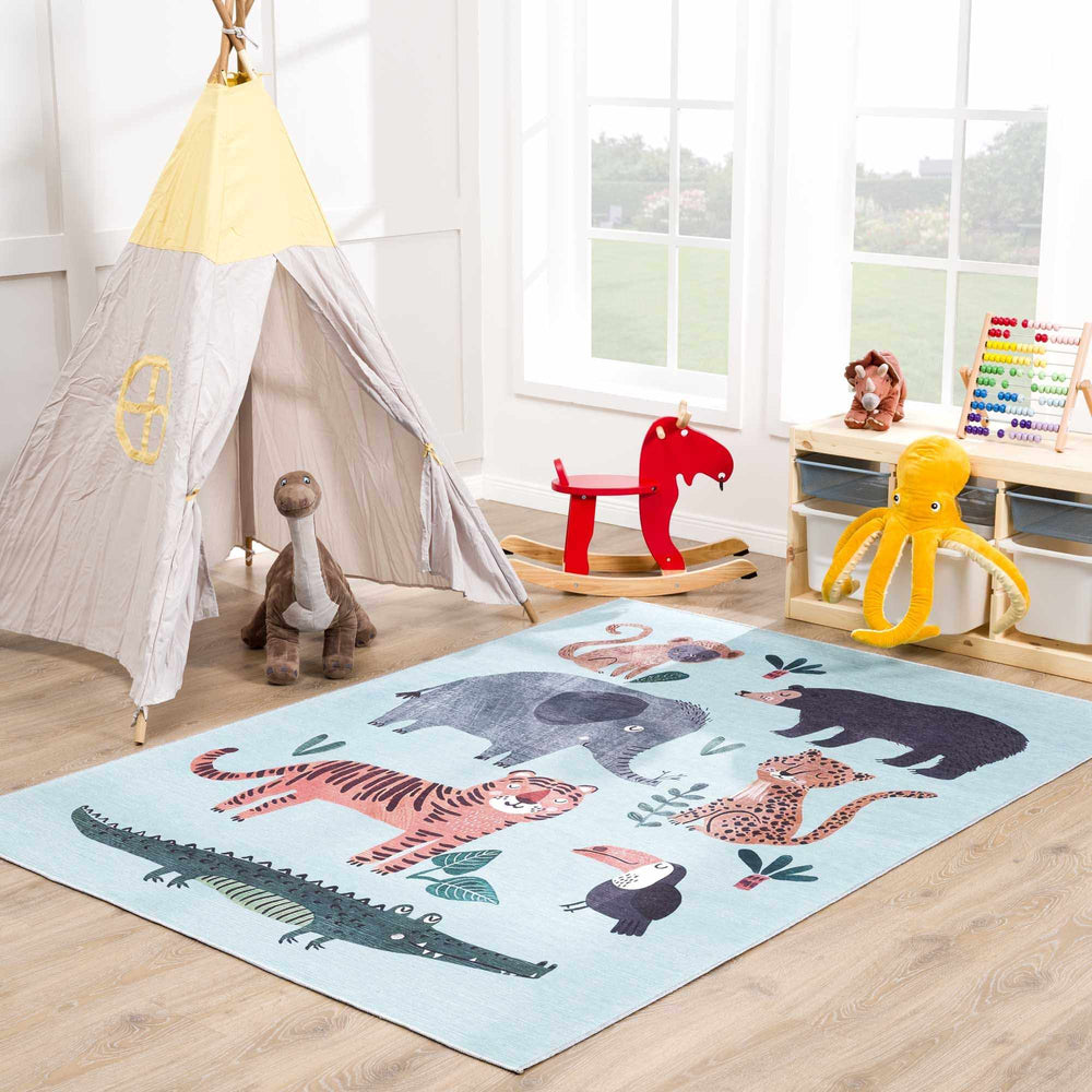 Petey Blue Animal Print Washable Kids Rug - Clearance