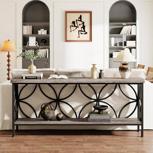 Modern 70-inch Long Narrow Foyer Entryway Table with Grey Wood Top and Shelf