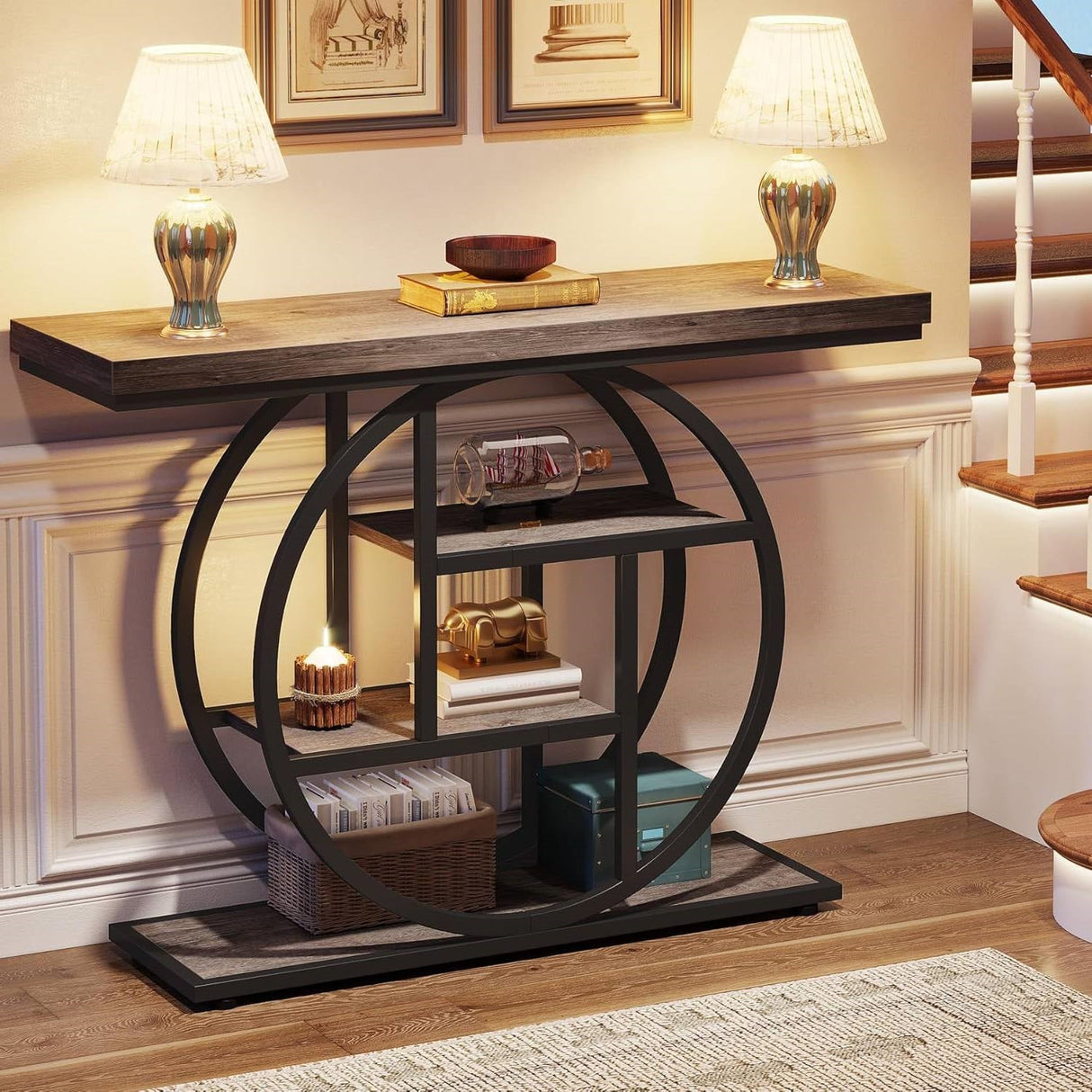 Modern 41-inch Wide Narrow Entryway Console Table with Grey Wood Finish Shelves