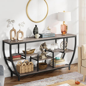 Industrial Chic 70-inch Long Narrow Console Sofa Table with Gray Wood Shelves