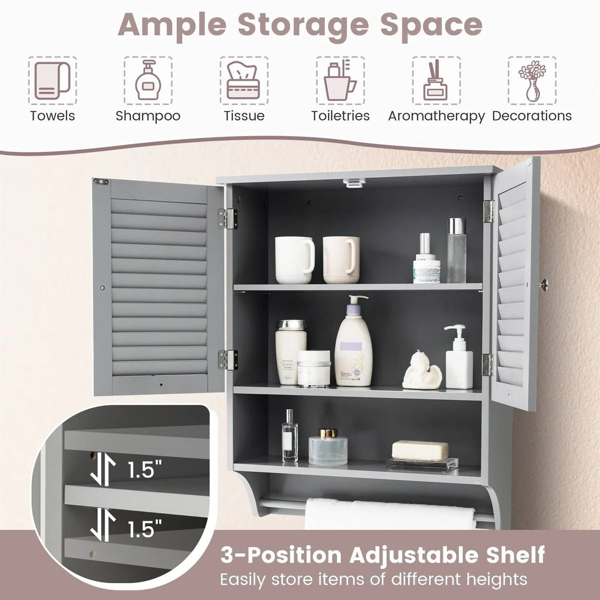 Grey Wall-Mounted Bathroom Medicine Cabinet with Louver Doors and Towel Bar