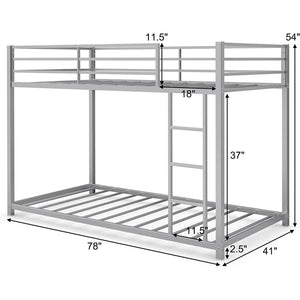 Twin over Twin Low Profile Modern Bunk Bed in Silver Metal Finish