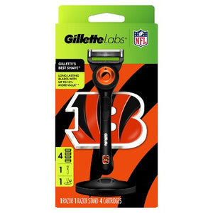 Gillette Labs Mens Special NFL Bengals Edition Shaving Razor with 4 Refills and Magnetic Stand