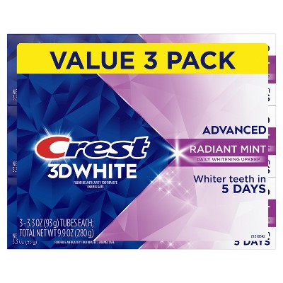 Crest 3D White Advanced Teeth Whitening Toothpaste Radiant Mint 3.3oz 3pk