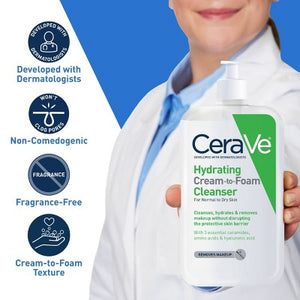 CeraVe Hydrating Cream-to-Foam Face Wash Hyaluronic Acid Normal to Dry Skin 8oz - New