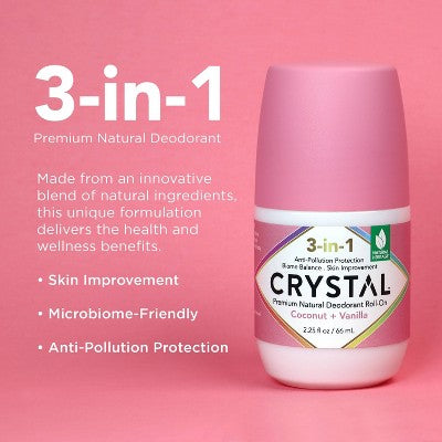 Crystal 3-in-1 Natural Mineral Roll-On Deodorant Coconut + Vanilla 2.25 fl oz