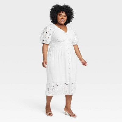 Knox Rose Women's Short Puff Sleeve Eyelet Midi Dress Smocked Waist