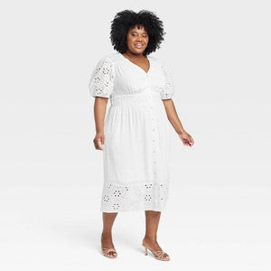 Knox Rose Women's Short Puff Sleeve Eyelet Midi Dress Smocked Waist