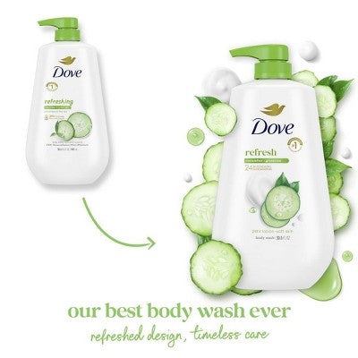 Dove Beauty Refresh Body Wash Pump Cucumber & Green Tea 24hr Lotion-Soft Skin 30.6 fl oz - New