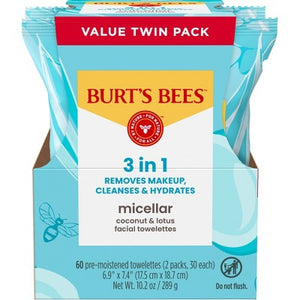 Burt's Bees Micellar Coconut Lotus Facial Towelettes 2 Pack 60 Count