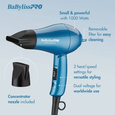 BaBylissPRO Nano Titanium Travel Hair Dryer Blue 1000W