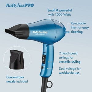 BaBylissPRO Nano Titanium Travel Hair Dryer Blue 1000W