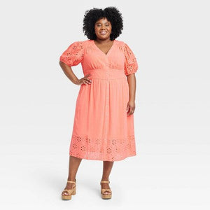 Knox Rose Women's Short Puff Sleeve Eyelet Midi Dress Smocked Waist