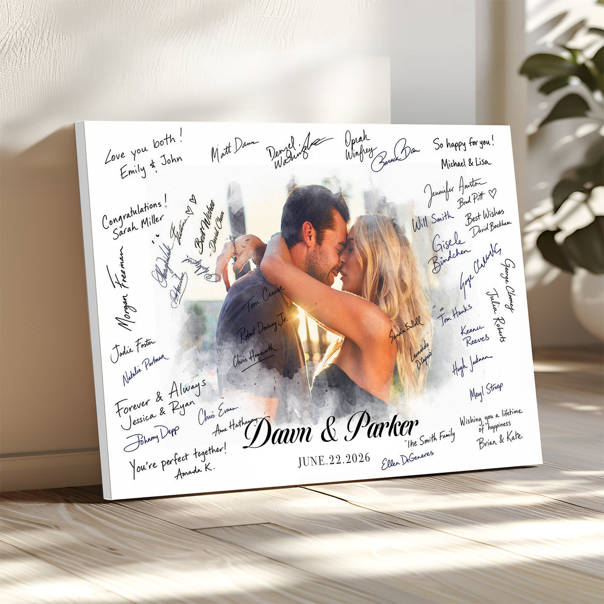 Wedding Guest Book Alternative Wall Art Canvas Print, Personalized Wedding Signature Poster, Custom Couple Photo Guestbook Canvas, Bridal Shower Reception Decor