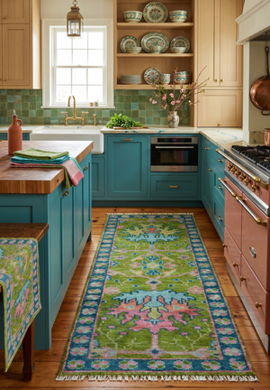Custom Made Runner Donegal Green And Blue Hand Knotted Wool Rug