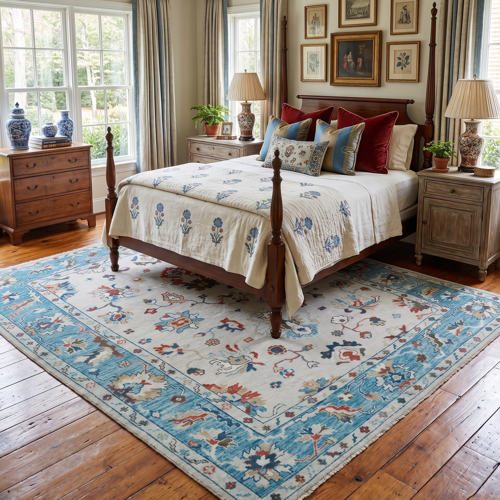 Ivory and Blue Hand knotted Traditional Oushak wool Area Rug