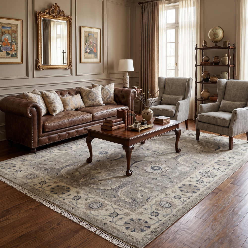 Custom Made Traditional Antique Distressed Gray and Beige Hand Knotted Wool Area Rug