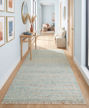 Hand Knotted Modern Abstract Blue and Peach Trellis Moroccan Blended Wool Area Rug