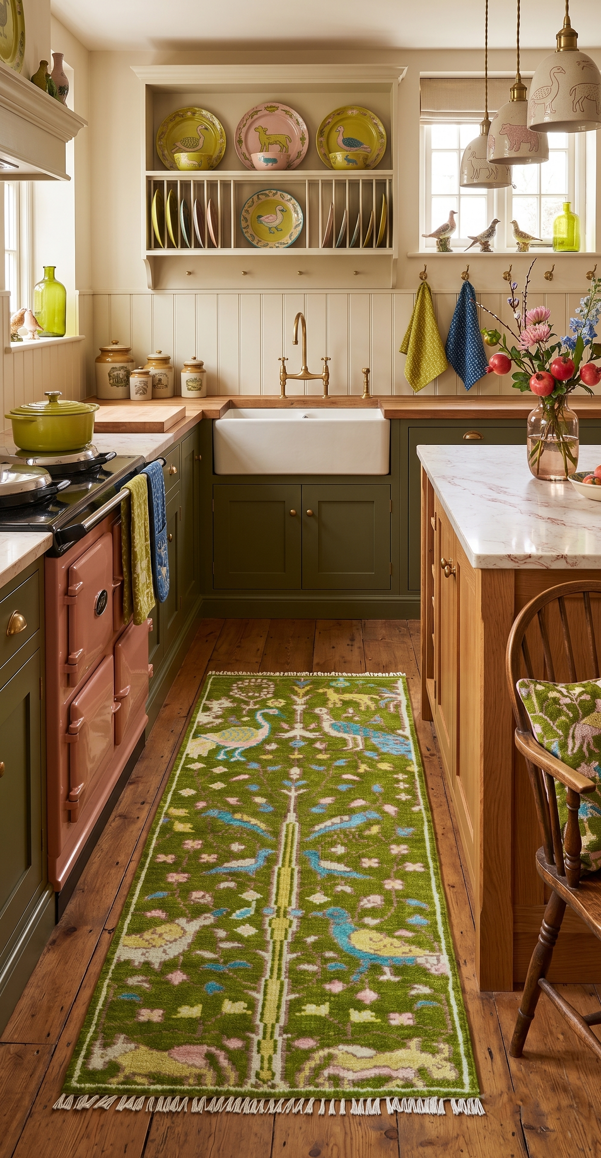 Custom Made Hand Knotted Jungle Life Peacock Green Runner Wool Rug