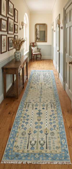 Custom Made Hand Knotted Tree of Life Beige And Blue Runner Wool Rug