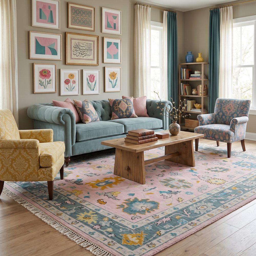 Custom Made Pink and Gray Hand knotted Traditional Oushak wool Area Rug