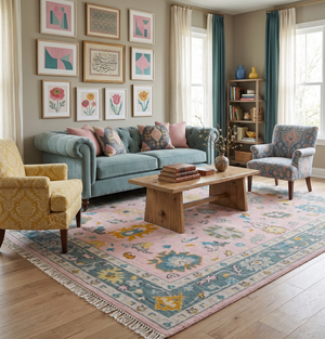 Custom Made Pink and Gray Hand knotted Traditional Oushak wool Area Rug