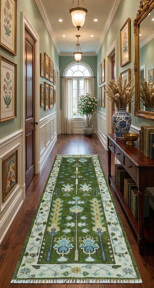 Custom Made Runner Tree of life Green And Ivory Hand Knotted Rug