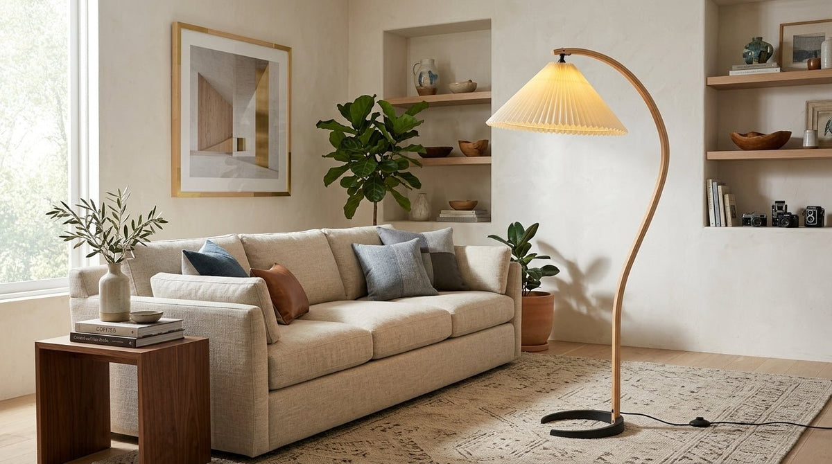 Arbora | Arc Floor Lamp with Beech Wood and Pleated Shade | Plug In Lamp for Living Room