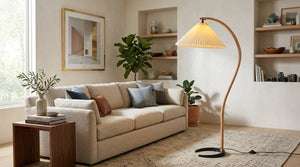 Arbora | Arc Floor Lamp with Beech Wood and Pleated Shade | Plug In Lamp for Living Room