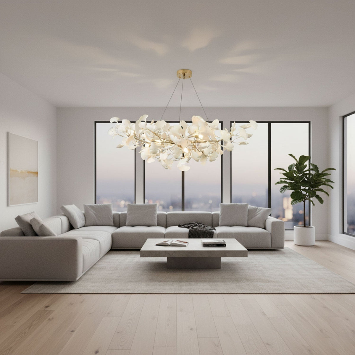 Porcelain Ginkgo Leaf Linear Chandelier with Flexible Branches | Dining Table Light