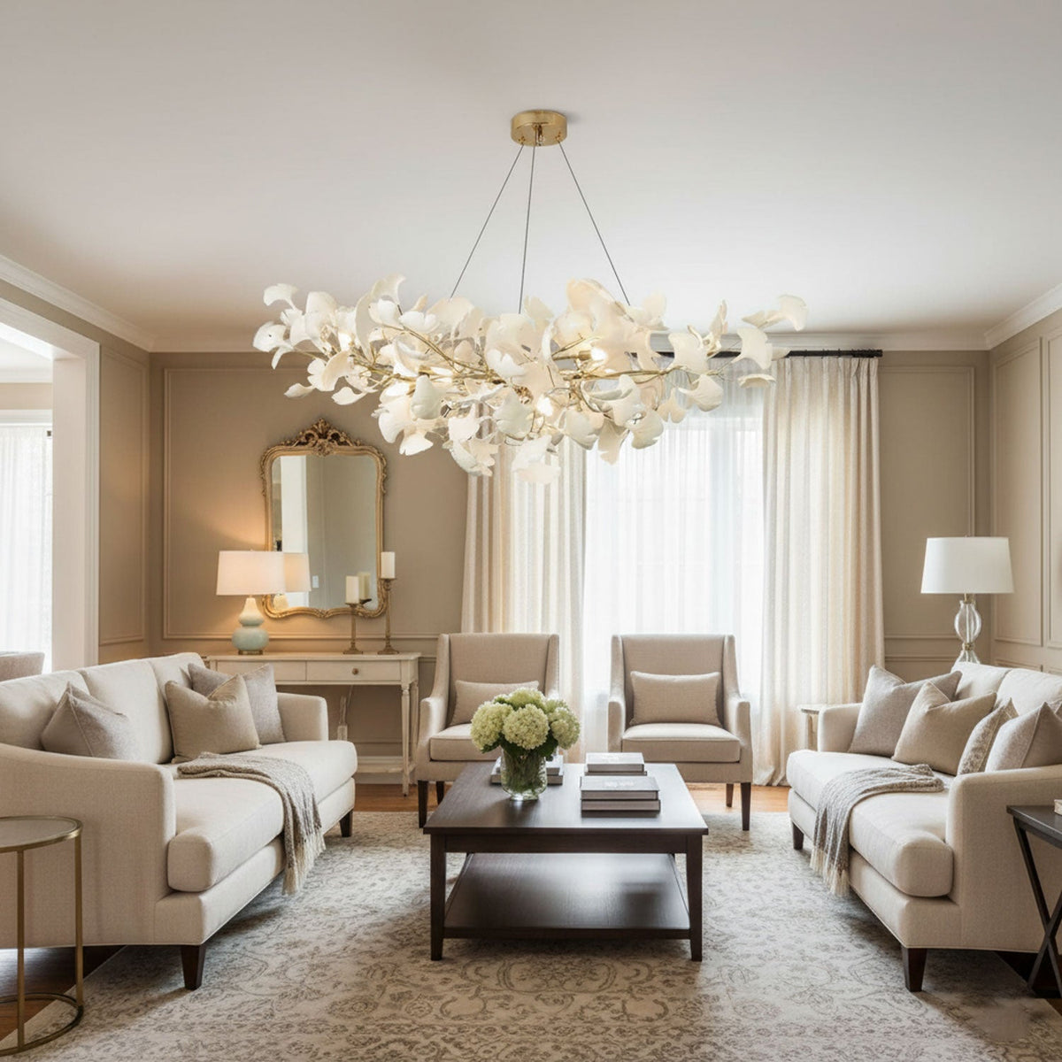 Porcelain Ginkgo Leaf Linear Chandelier with Flexible Branches | Dining Table Light