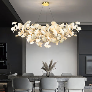 Porcelain Ginkgo Leaf Linear Chandelier with Flexible Branches | Dining Table Light