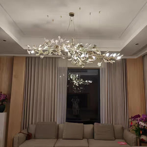 Porcelain Ginkgo Leaf Linear Chandelier with Flexible Branches | Dining Table Light