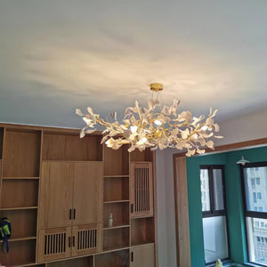 Porcelain Ginkgo Leaf Linear Chandelier with Flexible Branches | Dining Table Light