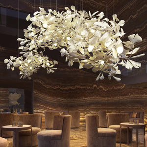 Porcelain Ginkgo Leaf Linear Chandelier with Flexible Branches | Dining Table Light