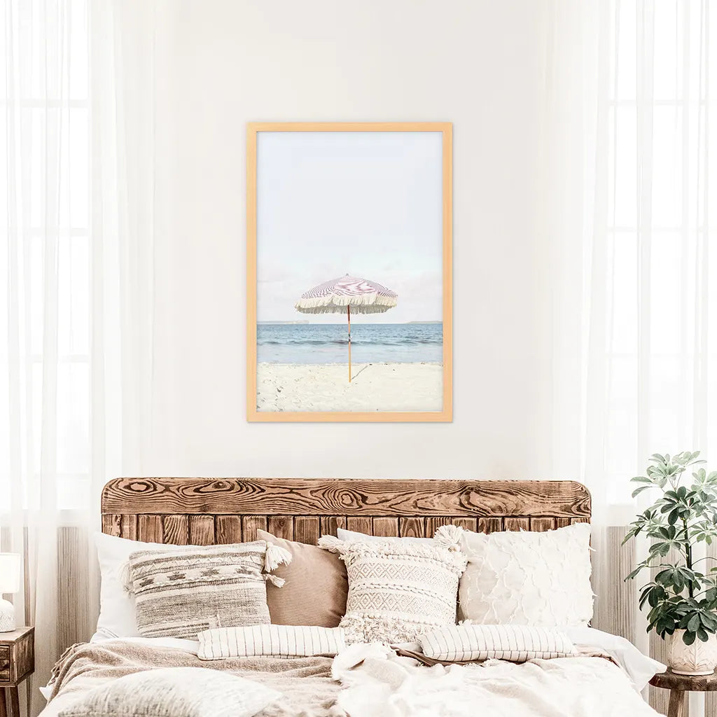 Girl's Nursery Wall Decor. Pink Umbrella, Blue Ocean